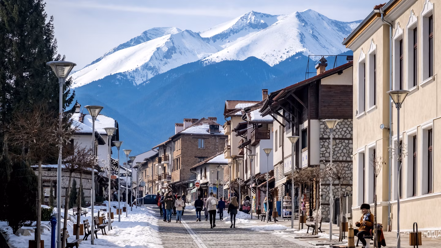 Bansko town in winter with snow and mountain views